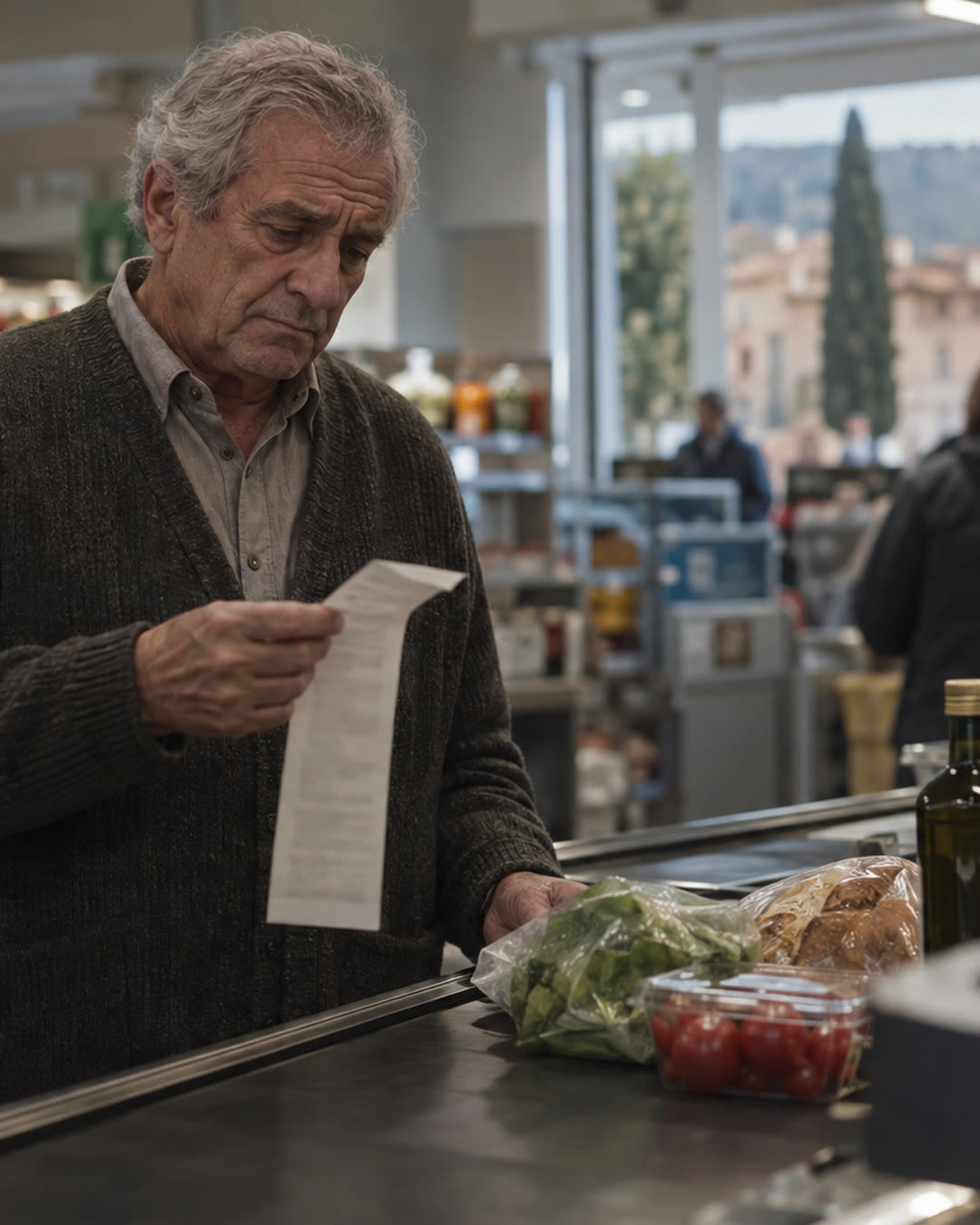 Un uomo anziano alla cassa del supermercato guarda lo scontrino, preoccupato
